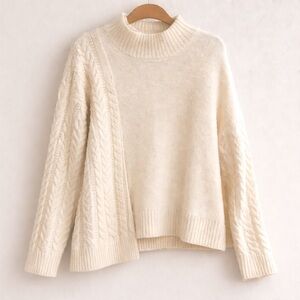 Michael Kors Asymmetrical Hem Cable Knit Cream Fisherman's Sweater Womens XXL